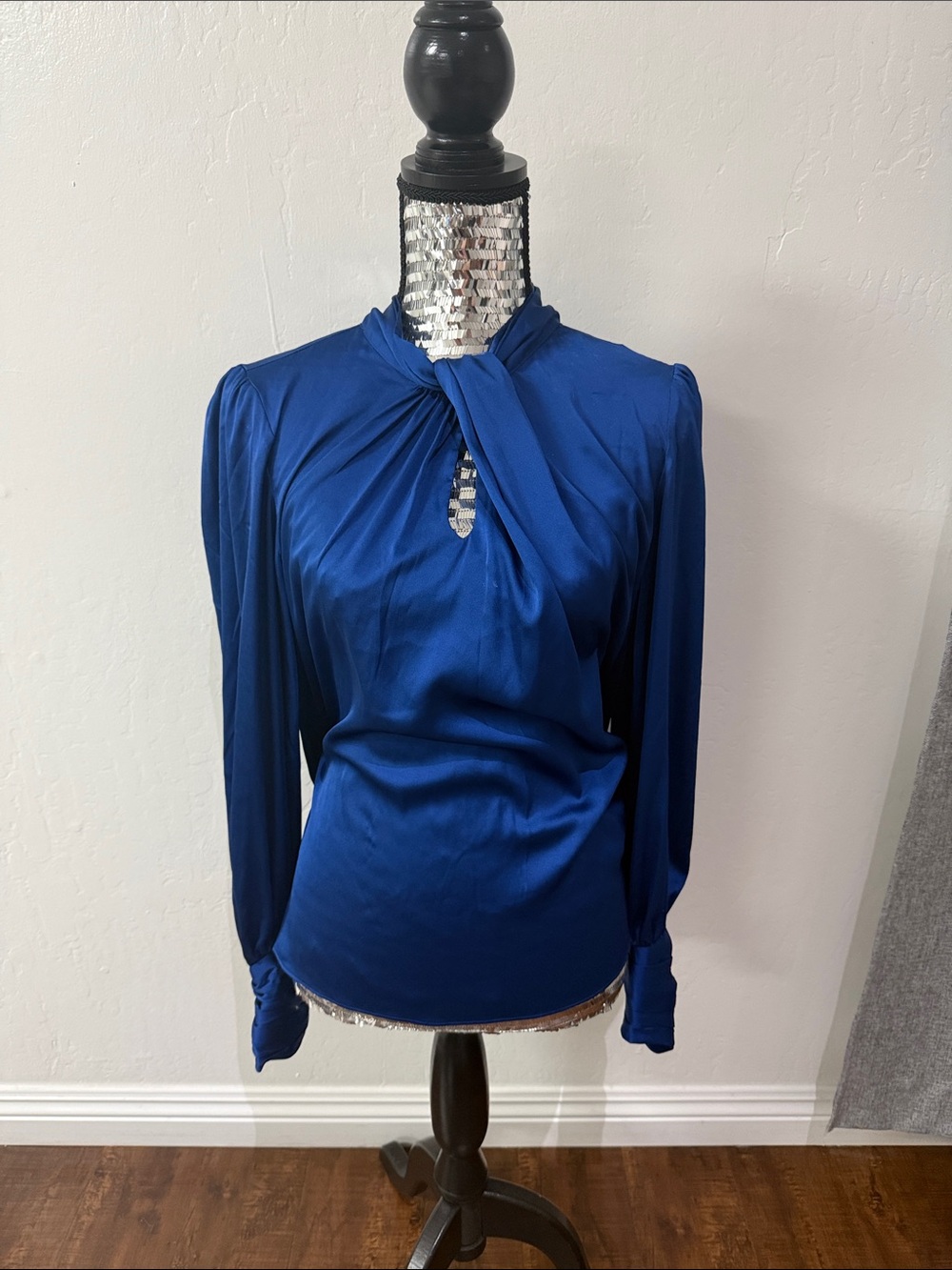 White House Black Market Cobalt Blue Twist-Neck Long Sleeve Blouse